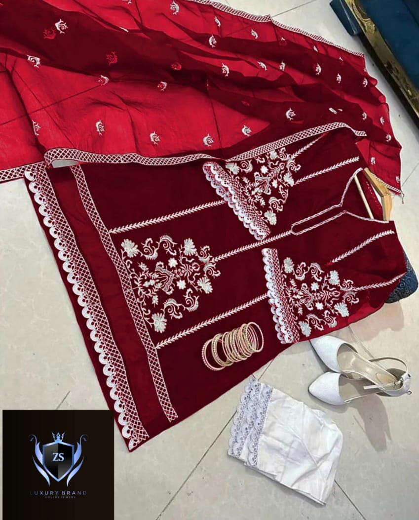 Sleeves, Shirt Embroidered with Lace Attached with Cotton Trouser 3PCs