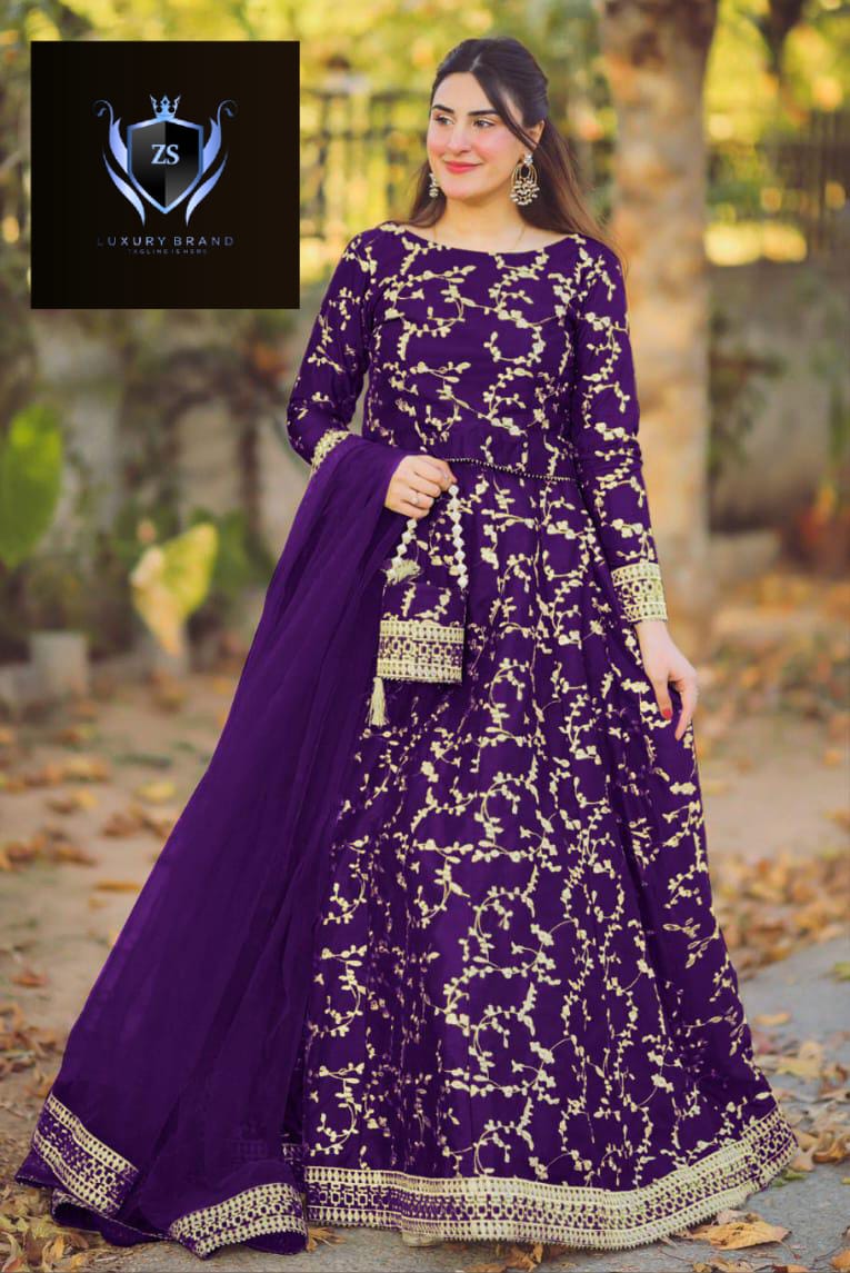 4 Piece Embroidered Top With Long Flare Embroidery Skirt And Four Side Border Embroidered Dupatta With Eidi Potli