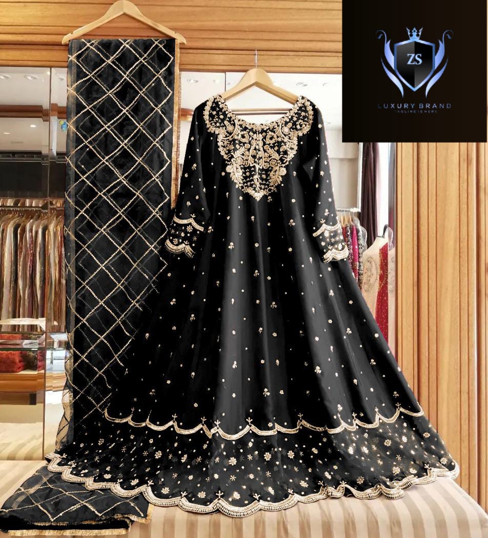 Heavy Neck,Border Embroidery With Handwork Long Maxi With Full Emb Dupatta 3Piece