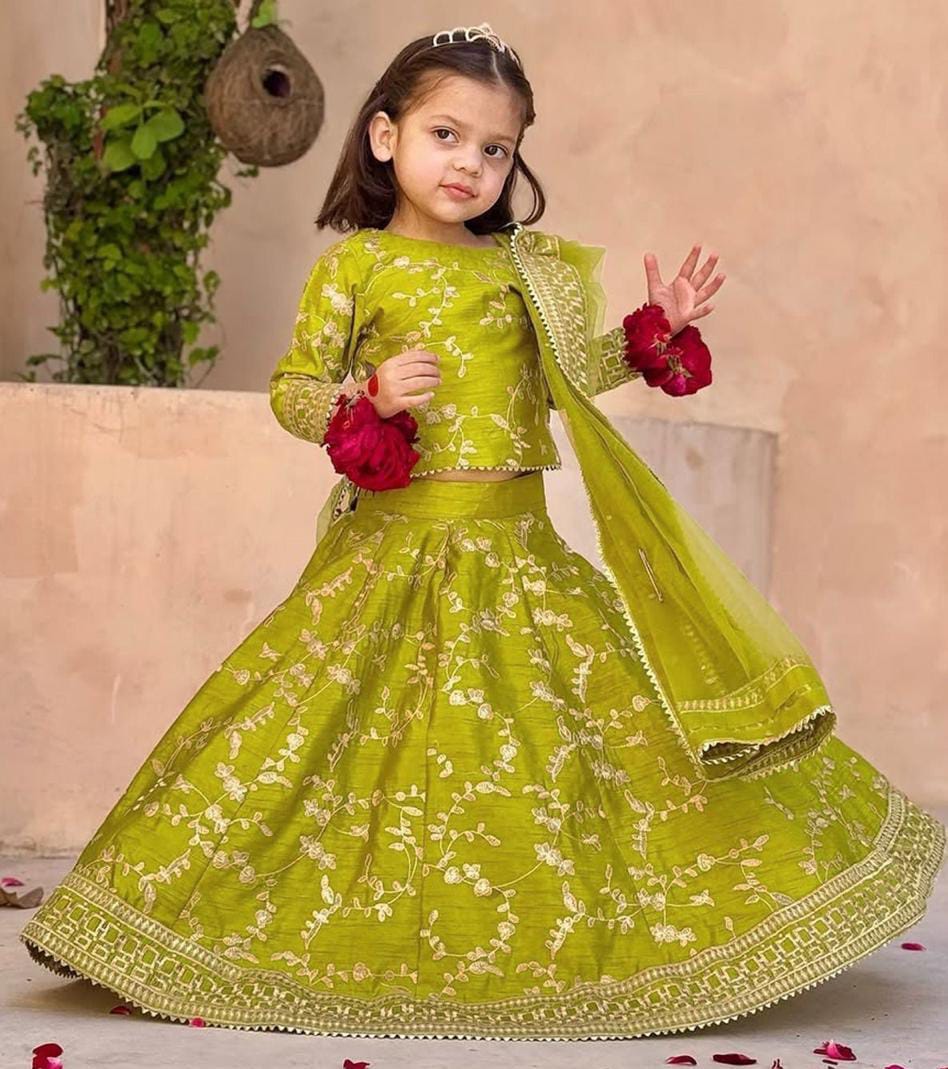 3Pcs Front Embroidered Top With Embroidered Skirt And Four Side Emb Dupatta Kids 3Pcs