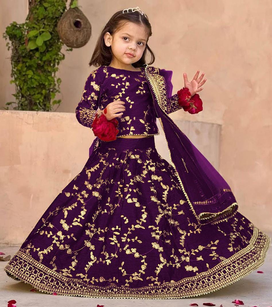 3Pcs Front Embroidered Top With Embroidered Skirt And Four Side Emb Dupatta Kids 3Pcs