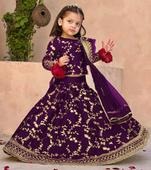 3Pcs Front Embroidered Top With Embroidered Skirt And Four Side Emb Dupatta Kids 3Pcs