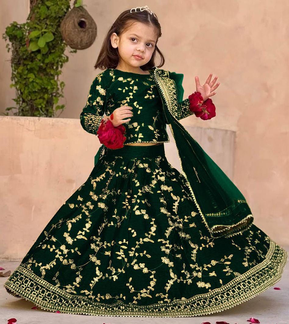 3Pcs Front Embroidered Top With Embroidered Skirt And Four Side Emb Dupatta Kids 3Pcs