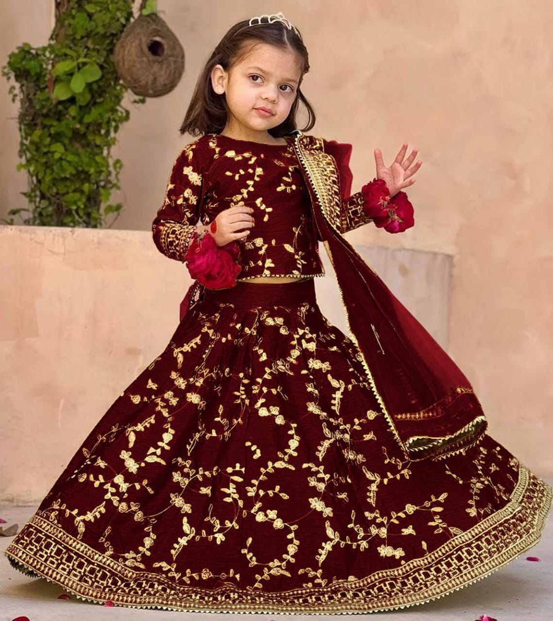 3Pcs Front Embroidered Top With Embroidered Skirt And Four Side Emb Dupatta Kids 3Pcs