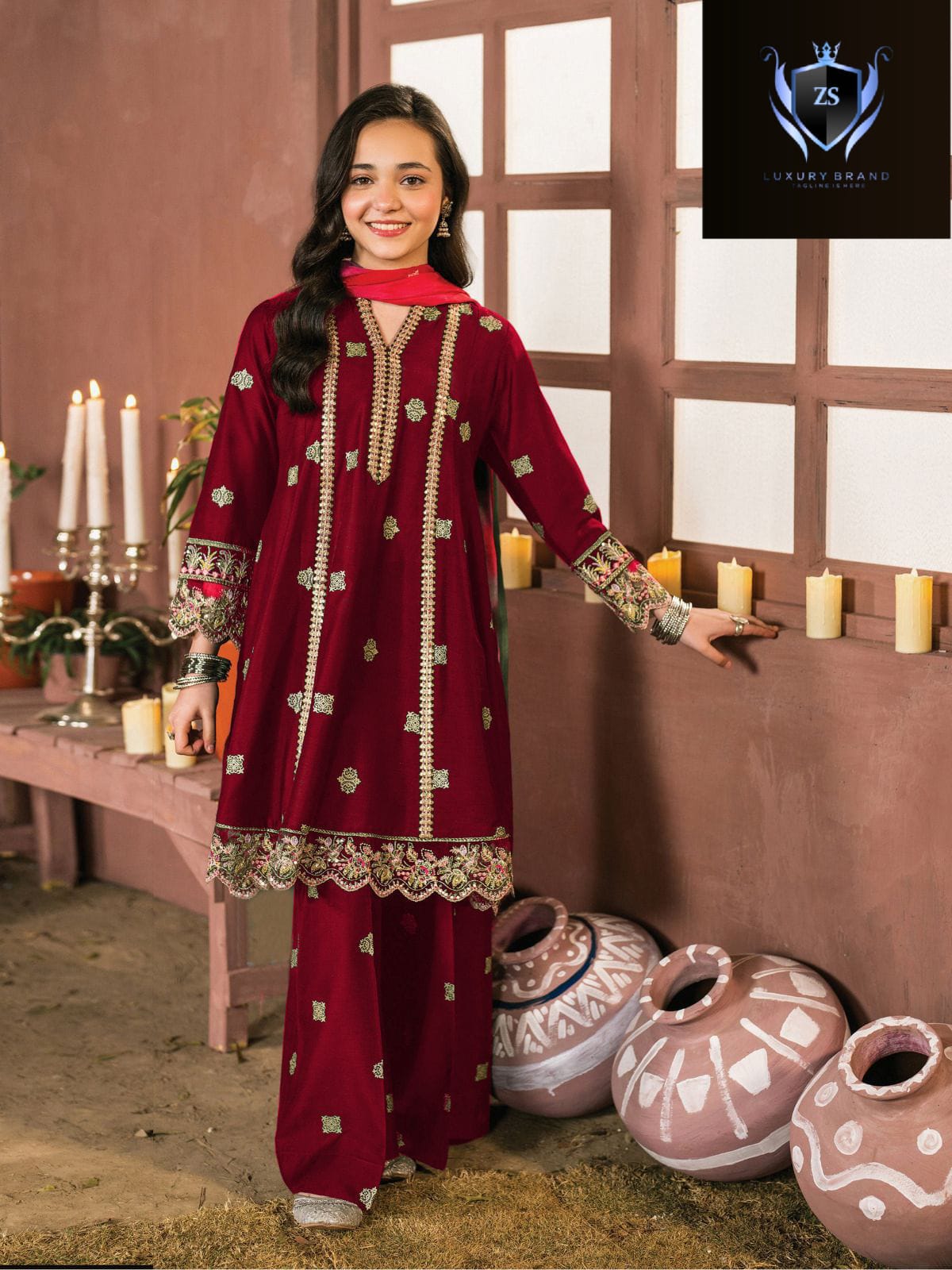 2Pcs Front Neck,Sleeves, Border Multi And Zarri Embroidery Work Shirt And Emb Flapper Kids 2Pcs