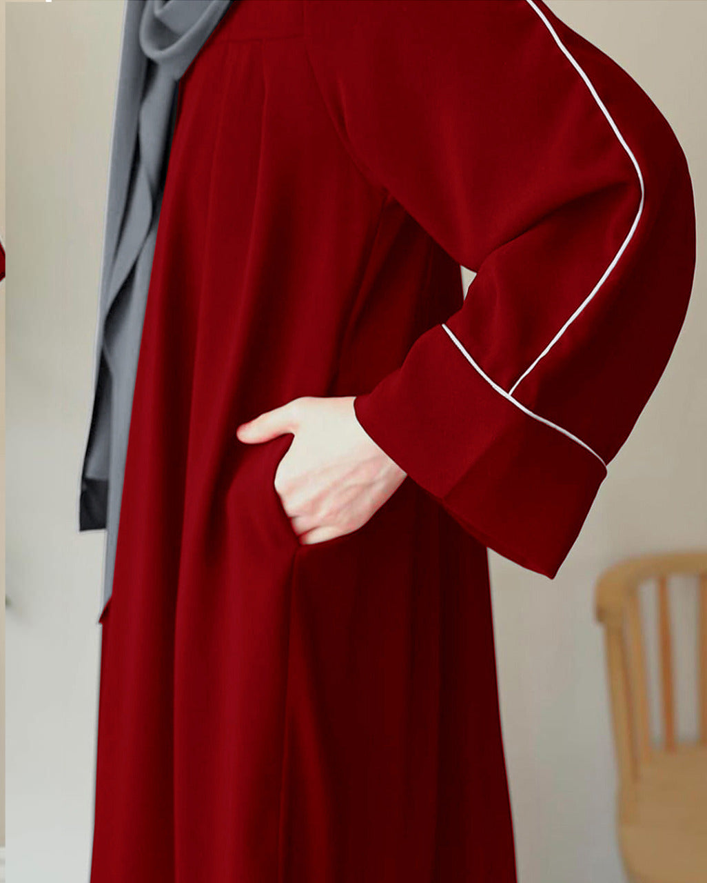 Front Platted Zip Piping Work On Sleeves And Seperate Belt Pocket Abaya With Stoller