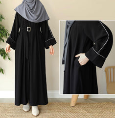 Front Platted Zip Piping Work On Sleeves And Seperate Belt Pocket Abaya With Stoller
