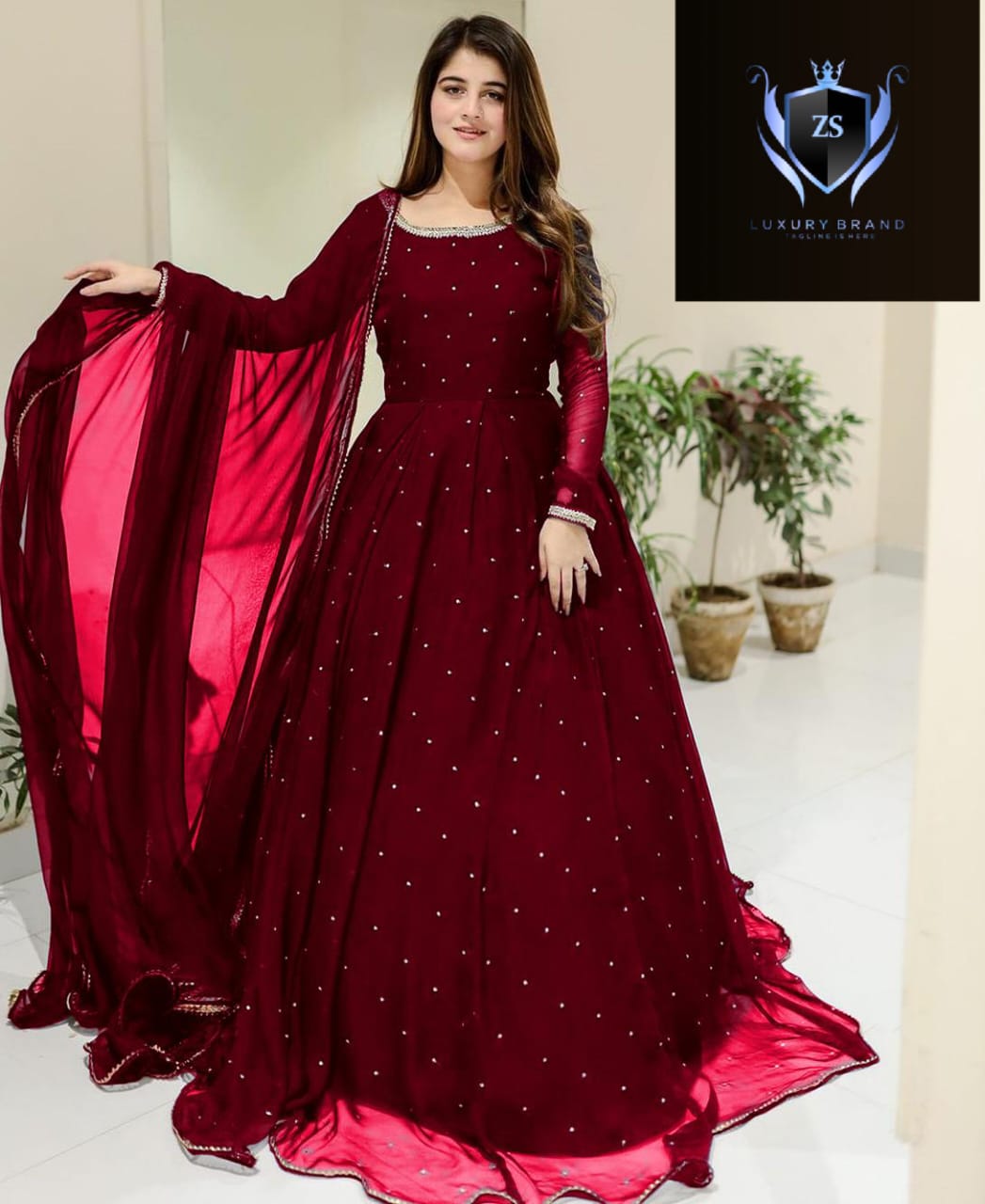 Front And Back Pearls With Lace Work Long Flare Maxi With dupatta