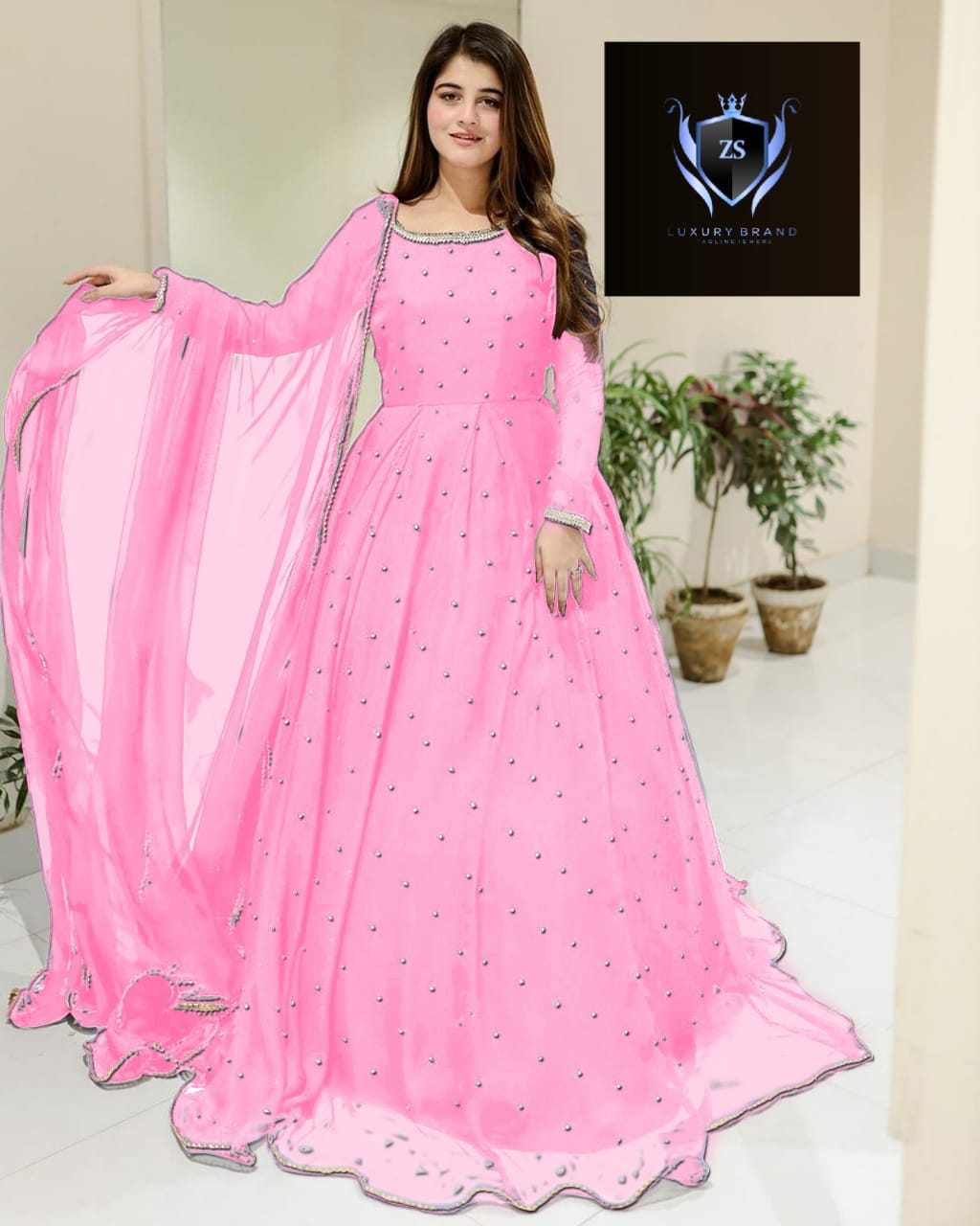 Front And Back Pearls With Lace Work Long Flare Maxi With dupatta