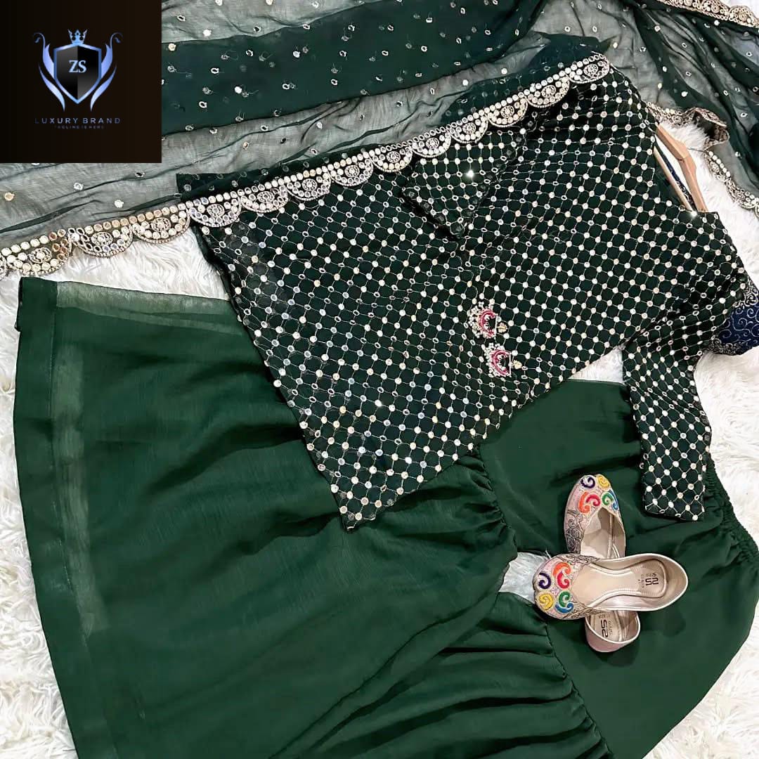 Front and Sleeves 9MM Sequence Embroidered, with Cut Work 9MM Dupatta with Garara 3Piece