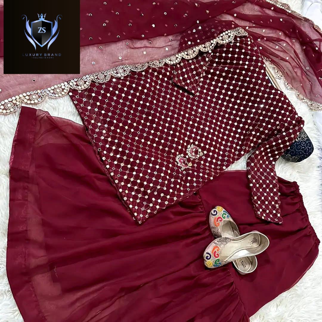 Front and Sleeves 9MM Sequence Embroidered, with Cut Work 9MM Dupatta with Garara 3Piece