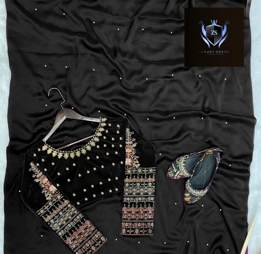 Multi Sleeves Silk Blouse Embroidered With Petticoat And Pearls Attached Pleated Saree