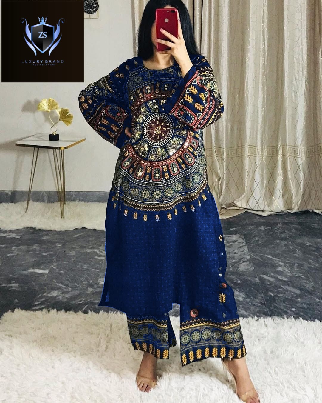 Front And Back Allover Digital Printed With Mirror Work Shirt And Printed Flapper 2Pcs