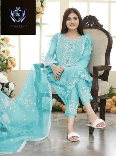Neck,Sleeves Front Heavy Embroidered Shirt + hand work With Emb Trouser Dupatta 3Pcs