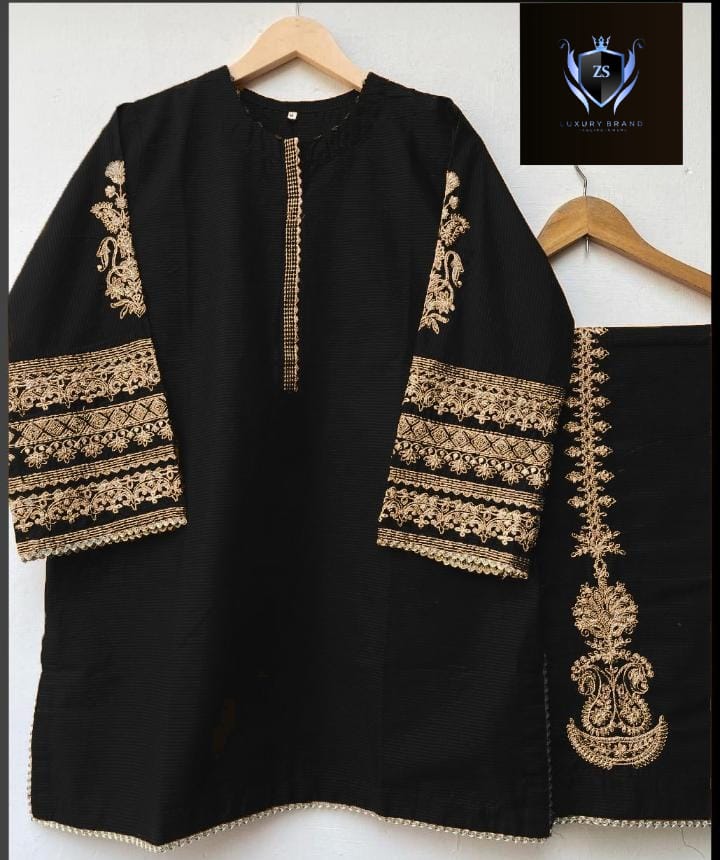 Sleeves Embroidered and front Lace Work with Embroidered Trouser 2PCs