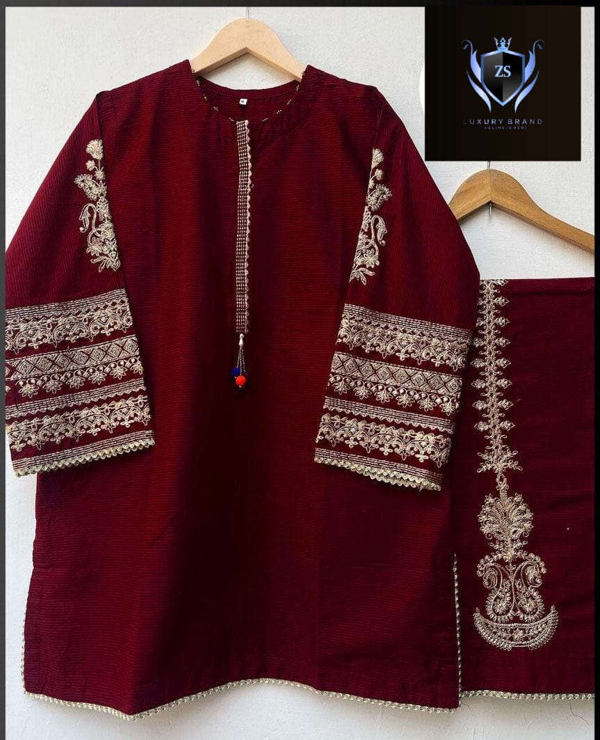 Sleeves Embroidered and front Lace Work with Embroidered Trouser 2PCs