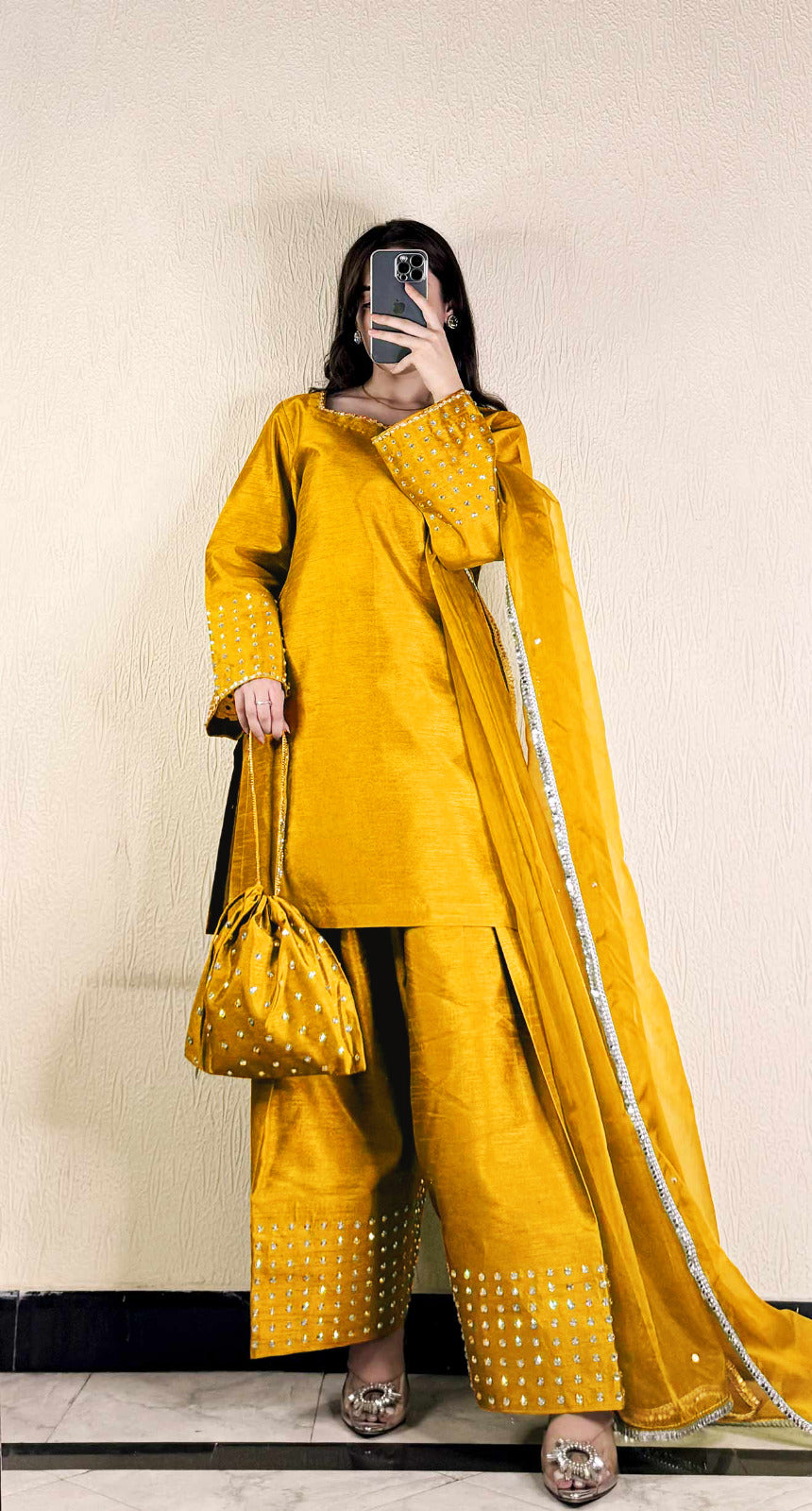 Most Trending Article Farshi Shalwar Kameez With Potli 4Pcs ❤️