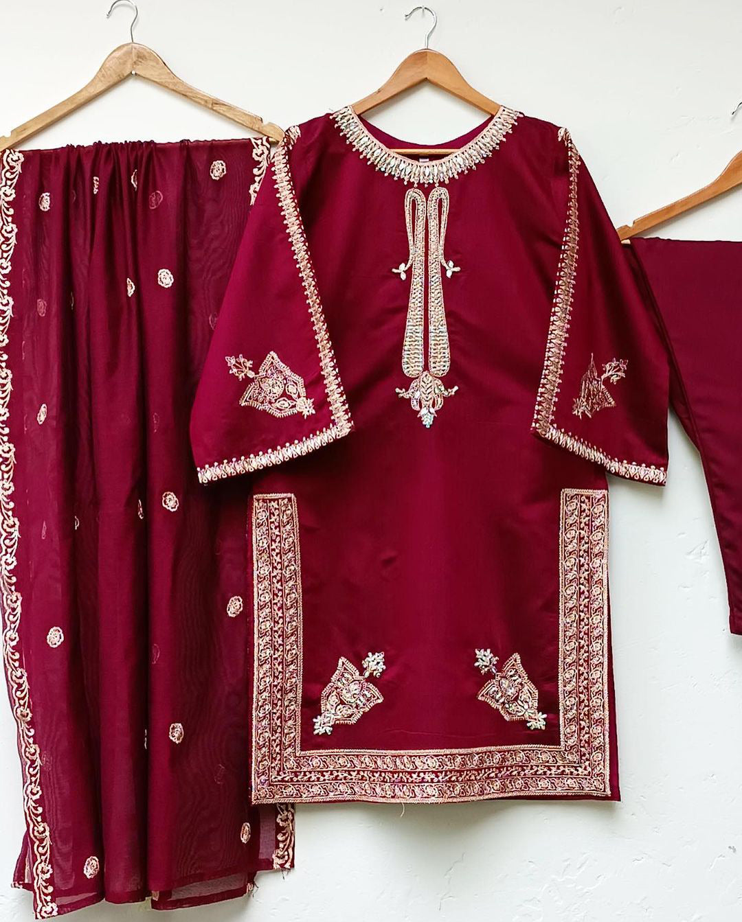 Neck, Daman and Sleeves Embroidered Shirt with Embroidered Dupatta 3PCs