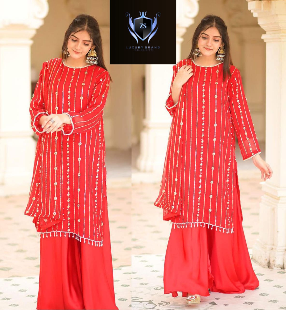 Front and Back Both Side Sequence Embroidered, with Pearls, Tussels Lace on Daman, Pearls Lace on Sleeves and Neck With Heavy Emb Dupatta 3PCs