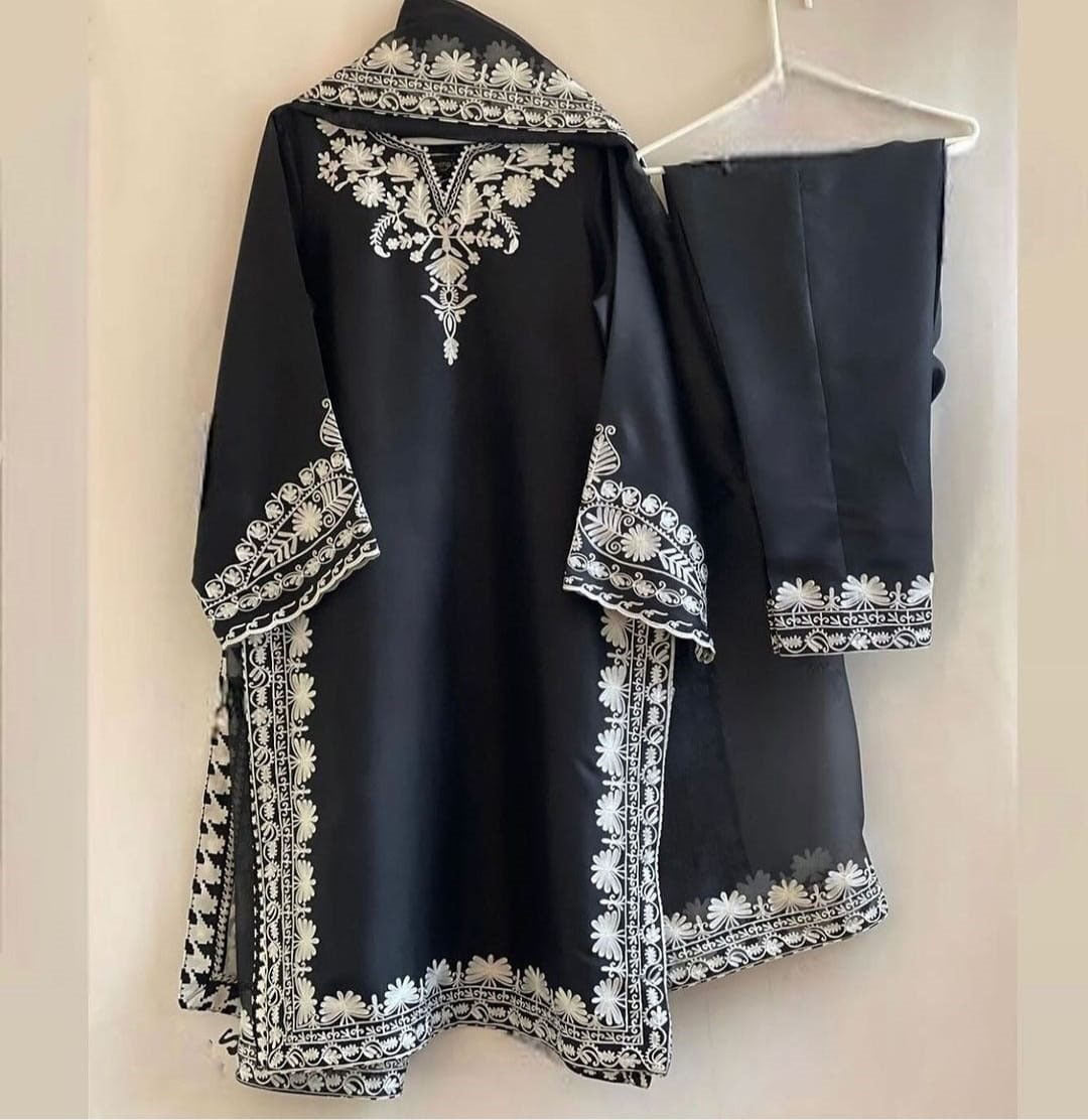 Neck, Sleeves Daman Embroidered with Embroidered Trouser and Dupatta 3PCs