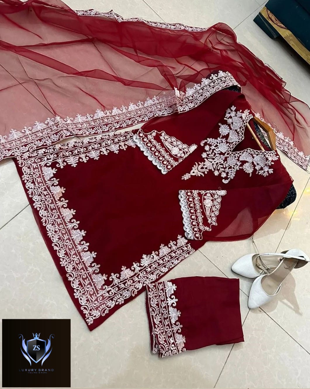 Neck, Sleeves Daman Embroidered with Embroidered Trouser and Dupatta 3PCs