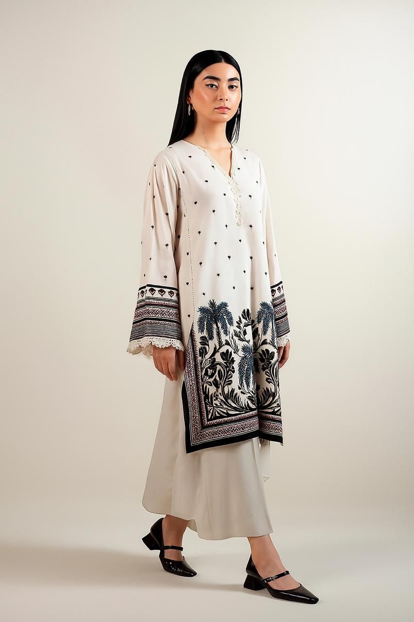 LONG CO-ORD SET 2pc Suit Most Trending Design Long Digital Printed Shirt With Bell Bottom Trouser
