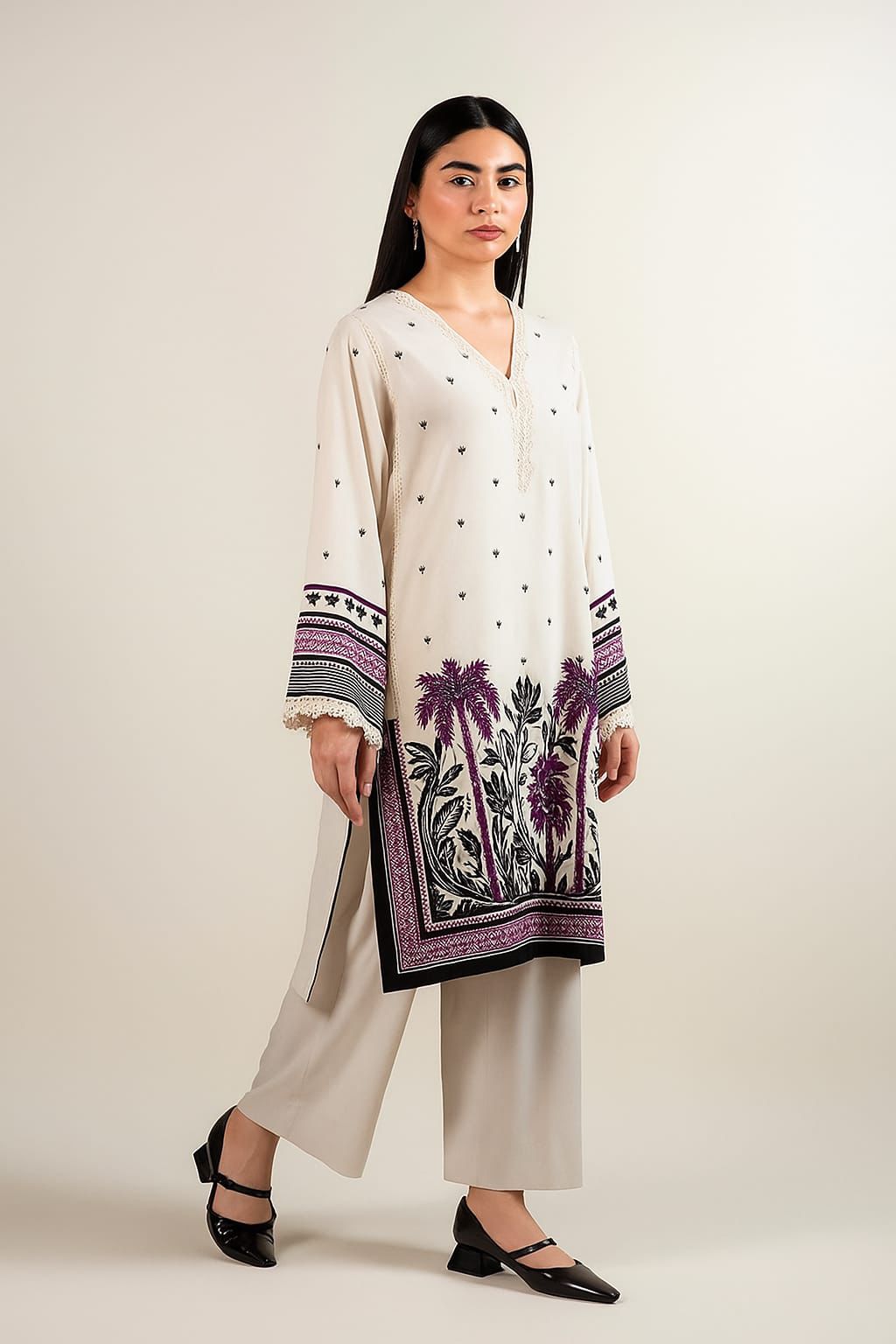 LONG CO-ORD SET 2pc Suit Most Trending Design Long Digital Printed Shirt With Bell Bottom Trouser