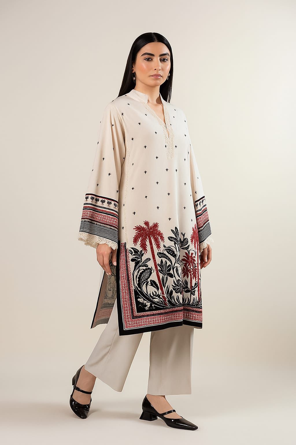 LONG CO-ORD SET 2pc Suit Most Trending Design Long Digital Printed Shirt With Bell Bottom Trouser