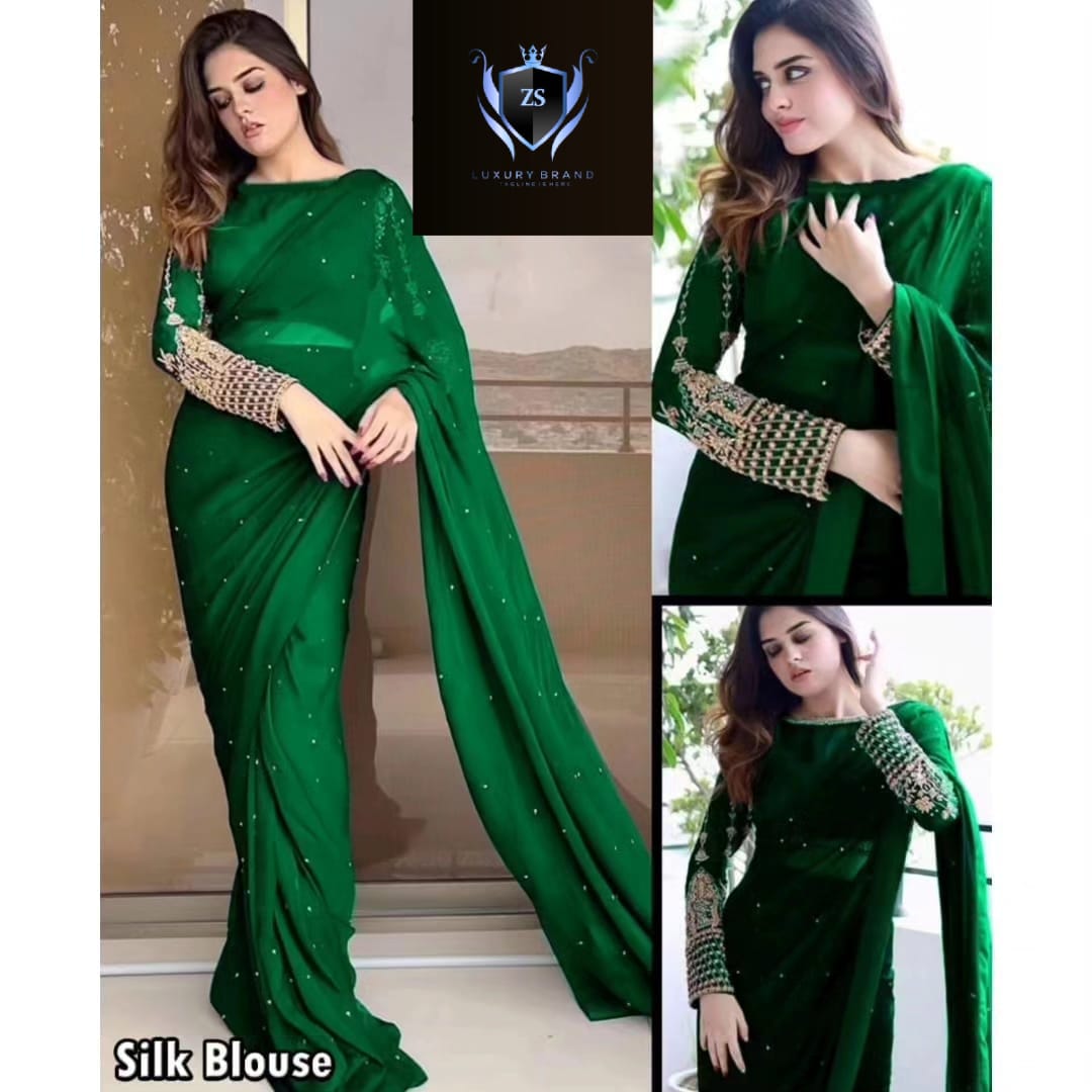 Silk Sleeves Sequence Embroidery Blouse With Pettycoat And Pearls Attached Sareee