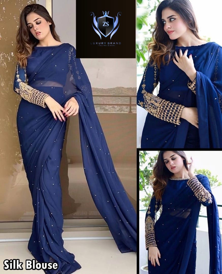 Silk Sleeves Sequence Embroidery Blouse With Pettycoat And Pearls Attached Sareee
