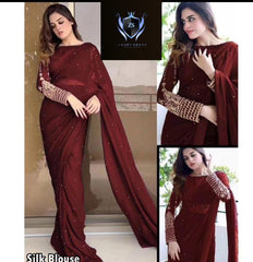 Silk Sleeves Sequence Embroidery Blouse With Pettycoat And Pearls Attached Sareee