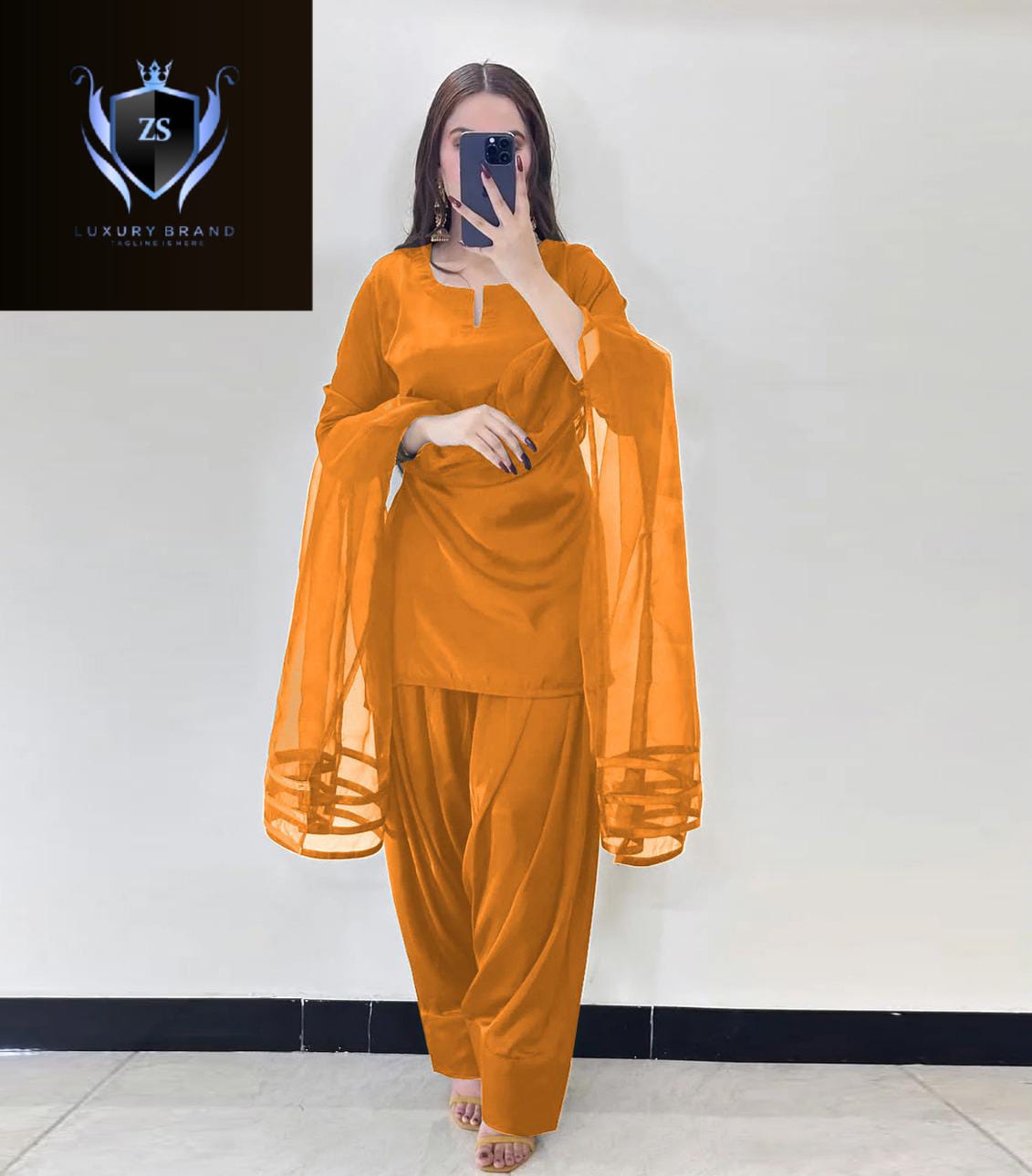 V Neck Plain Shirt With Long Flare 3 Yards Orignal Farshi Shalwar And Dupatta 3Pcs