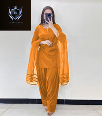 V Neck Plain Shirt With Long Flare 3 Yards Orignal Farshi Shalwar And Dupatta 3Pcs