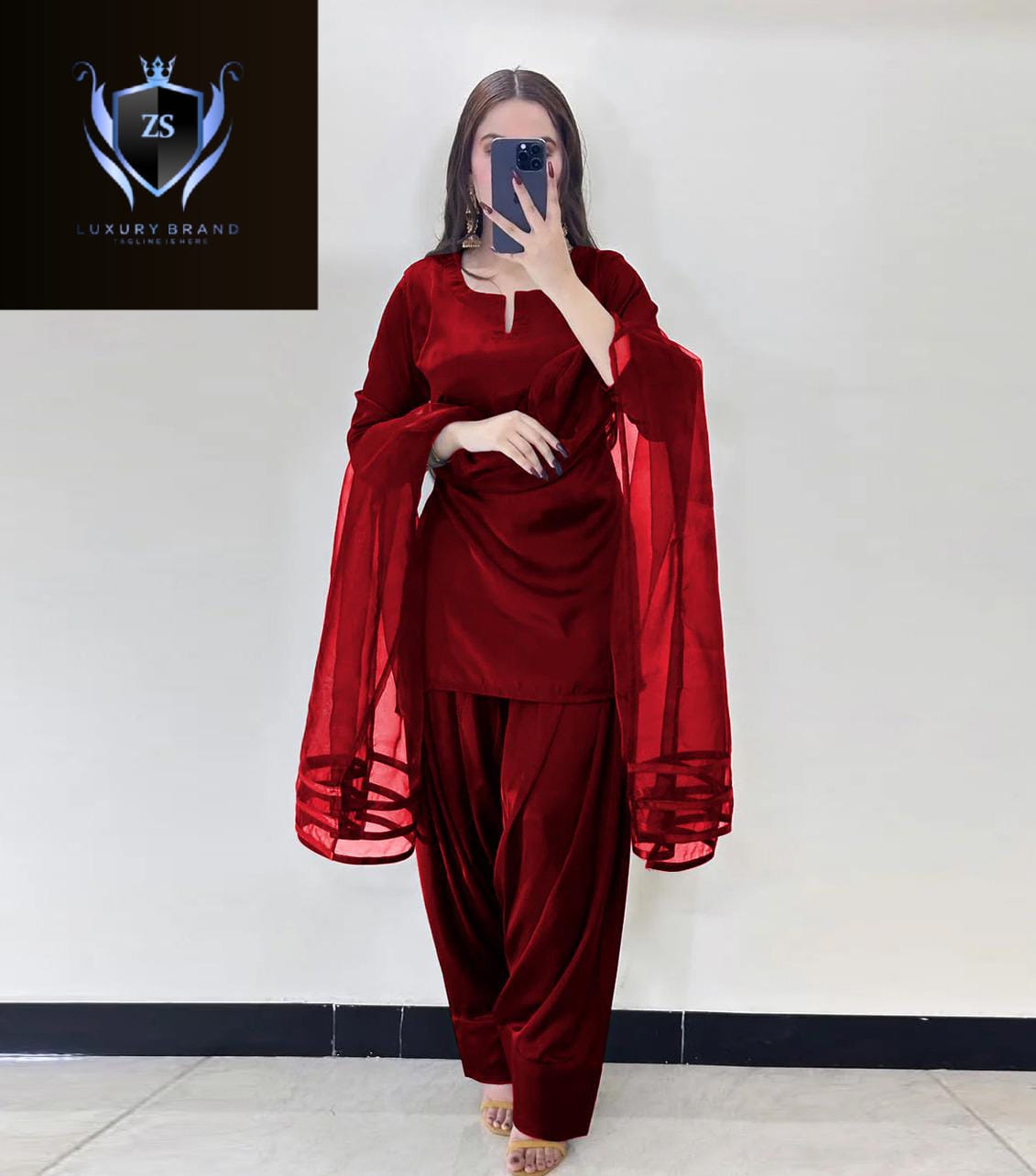 V Neck Plain Shirt With Long Flare 3 Yards Orignal Farshi Shalwar And Dupatta 3Pcs