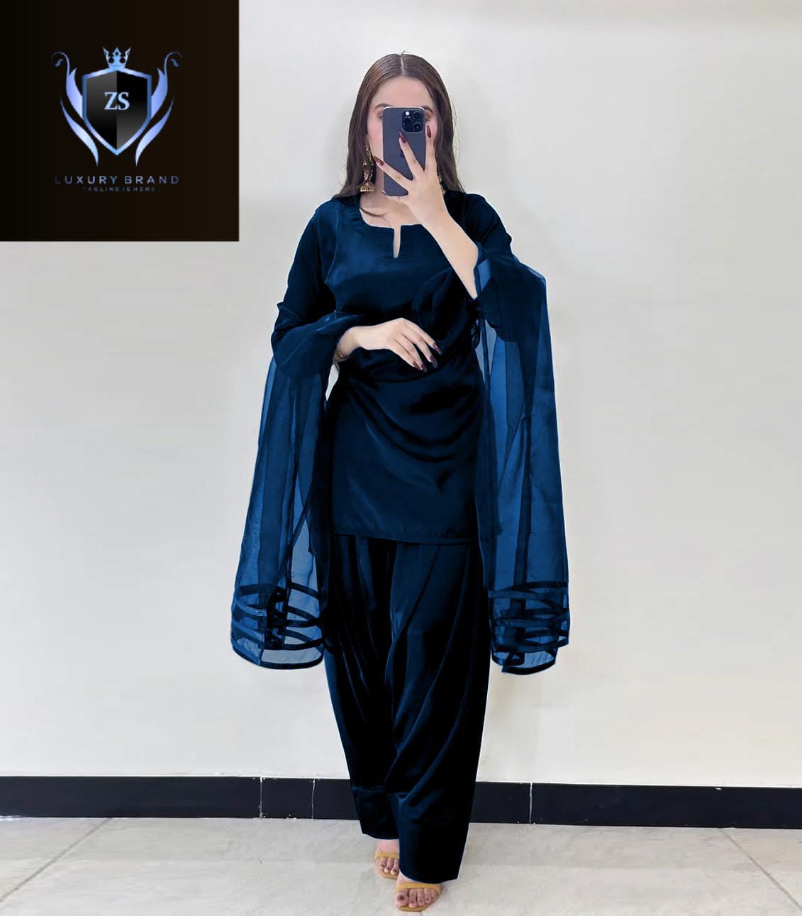 V Neck Plain Shirt With Long Flare 3 Yards Orignal Farshi Shalwar And Dupatta 3Pcs