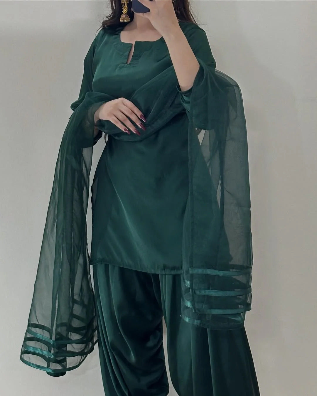 V Neck Plain Shirt With Long Flare 3 Yards Orignal Farshi Shalwar And Dupatta 3Pcs