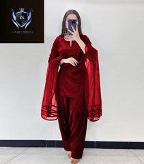 V Neck Plain Shirt With Long Flare 3 Yards Orignal Farshi Shalwar And Dupatta 3Pcs