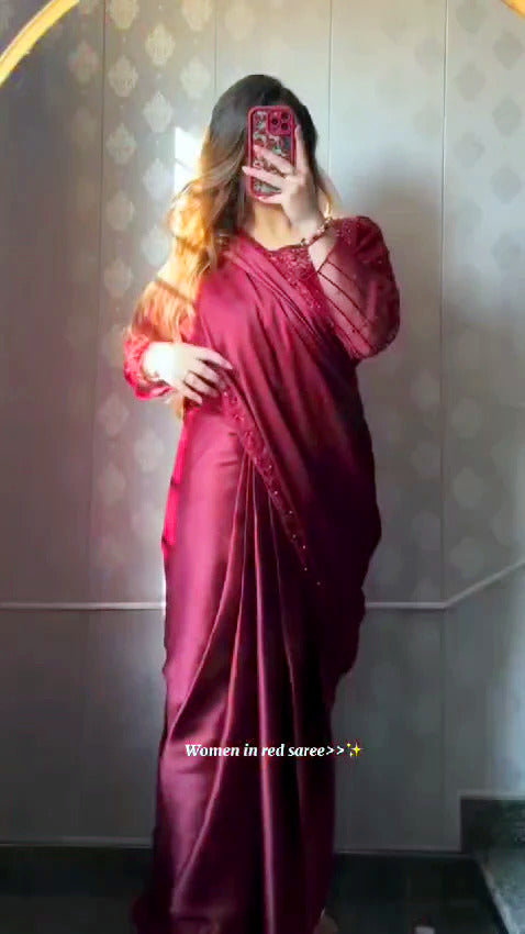 Sequence Embroidered work with Pearls Attached Silk saree (Blouse , petticoat & 7 yards stiched saree )