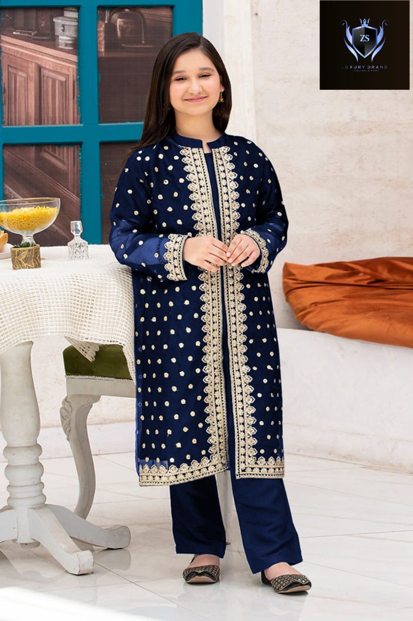 Front Sleeves, Allover Embroidery Gown With Inner Trouser Kids 3Pcs